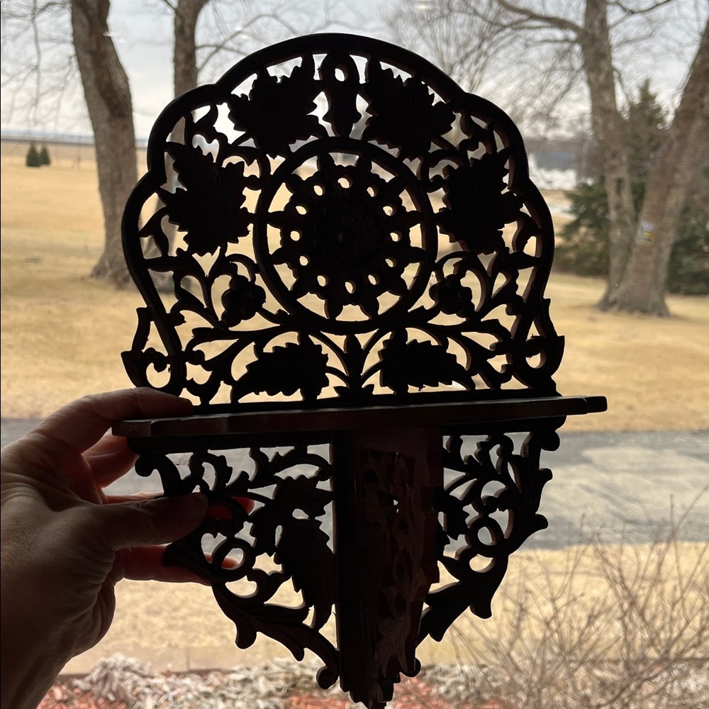 Vtg INDIA Hand Carved Wood Wooden Folding Shelf Intricate Leaf Design Leaves - Picture 7 of 14